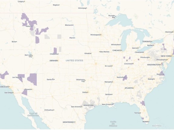 A map of municipalities where the zoning code has been analyzed for the National Zoning Atlas