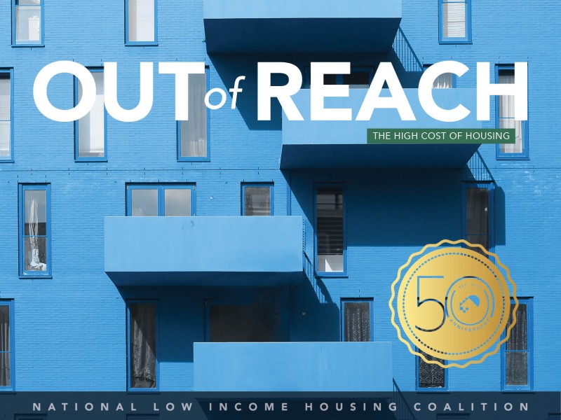 Cover of "Out of Reach", a blue apartment front with balconies and windows